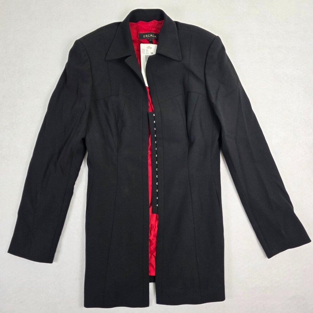 Escada Black Long Wool Blazer Jacket Red Lining Hook Front EU 34 US 4 NWT  $1550